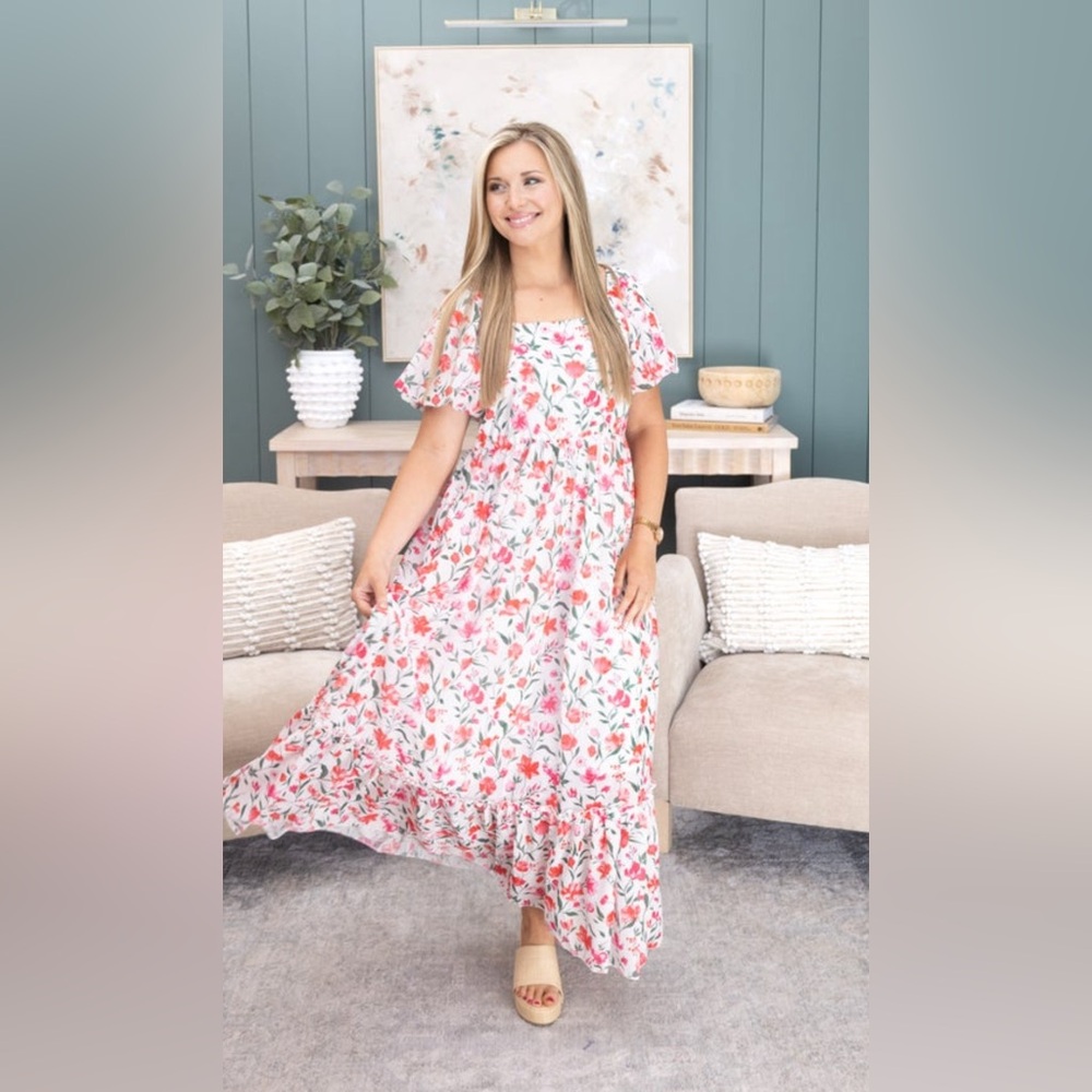 Elegant Floral Maxi Dress in Red and White